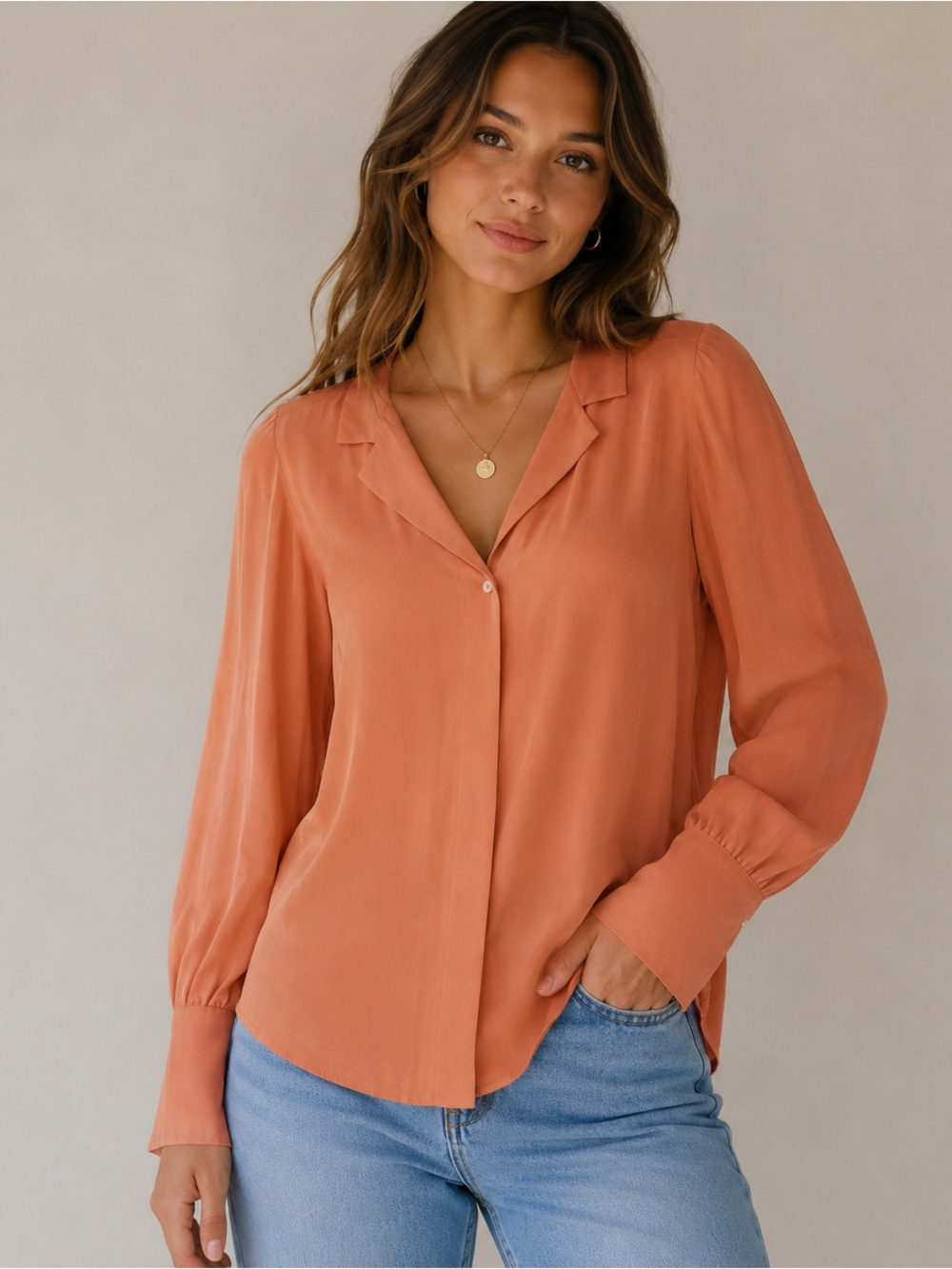 Alfani 100% Silk Peach Button Front Blouse Size 6
